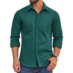 Coofandy Men Green Button Down Untucked Long Sleeve Woven Shirt with Pockets